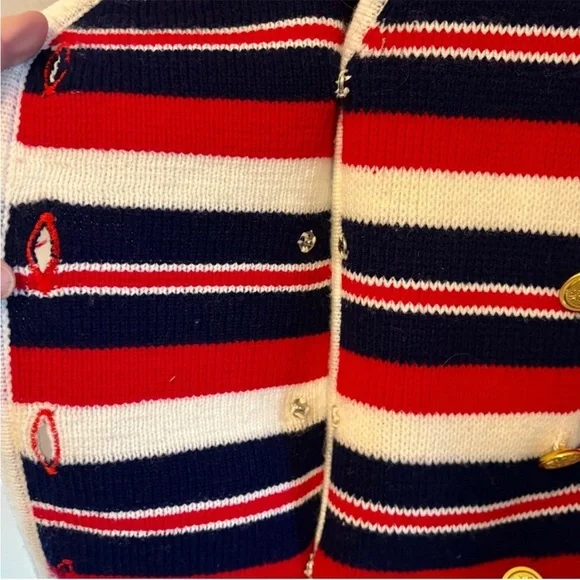 Vintage 1960s Multi Color Stripe Ribbed Double Knit Cardigan Sweater size Large - Picture 10 of 12